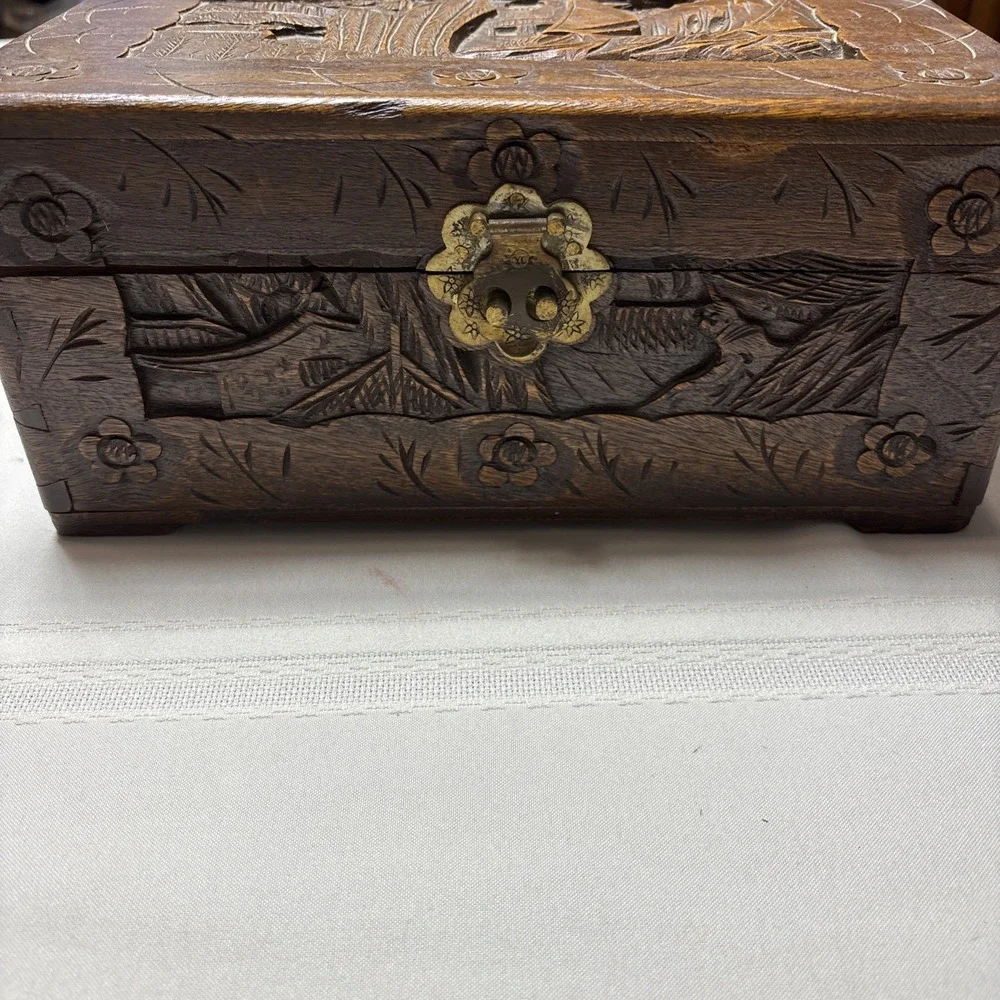 Ornate Asian Vintage / Antique Carved Wooden Chinese Chest / Box